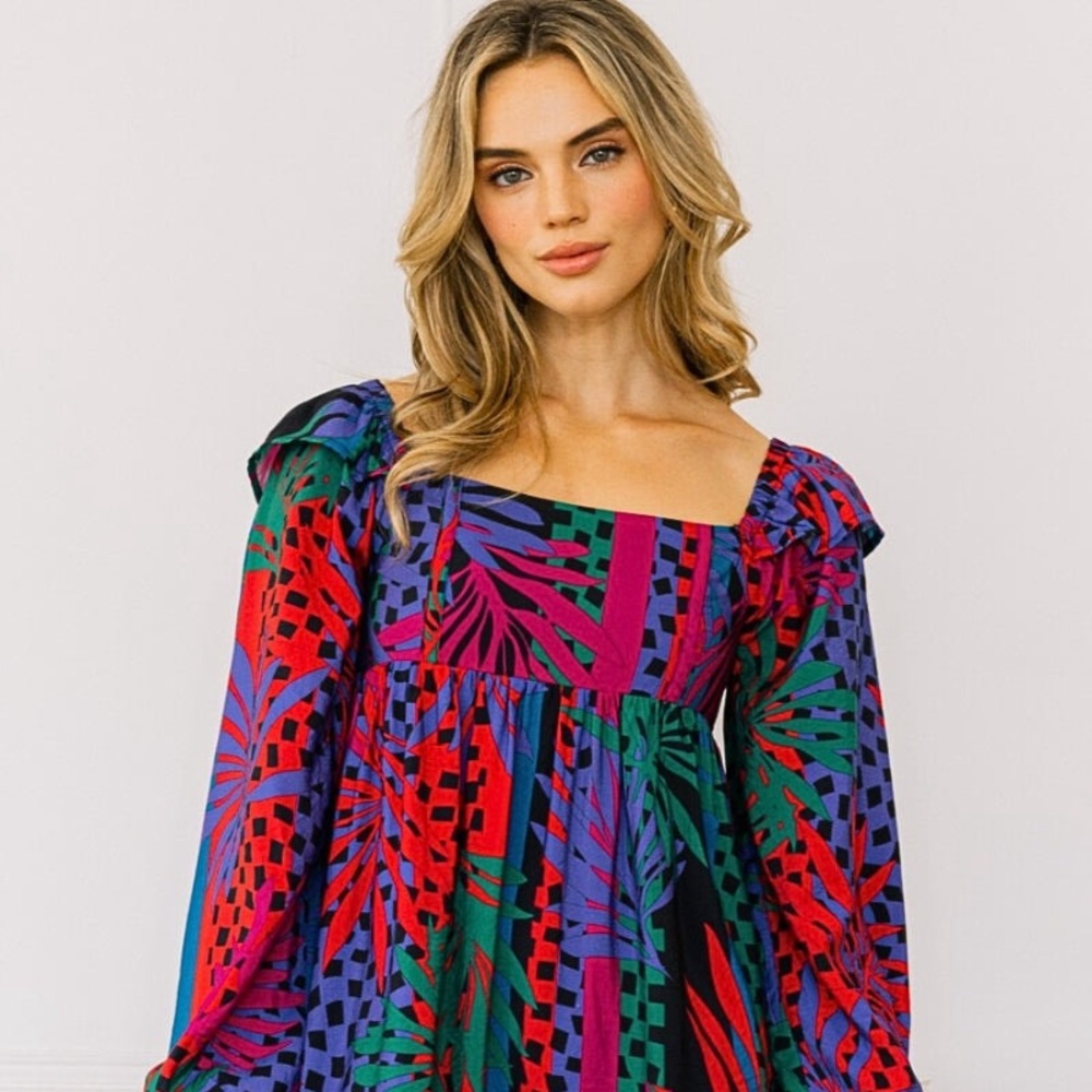 Zoe Tropical Leaves Print Babydoll Mini Dress
